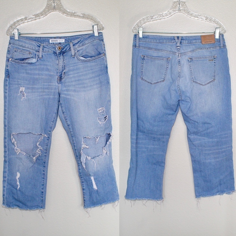 Zara Basic Z1976 Light Wash Mid-Rise Raw Hemp Distressed Denim Capri - Size 06